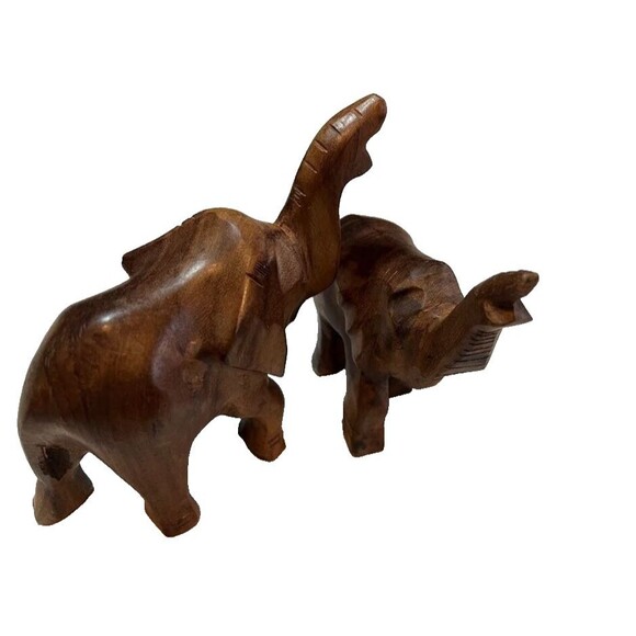 Set of 2 Rustic Charm Tribal Inspired Dark Wood Carved Trunk Up Elephants - Picture 5 of 5